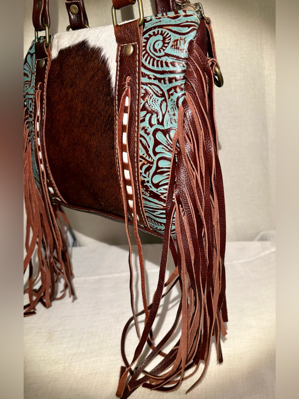 Myra Bag Cowhide Tooled Genui Leather Fringe Satchel Western Boho Bag Purse Med - Picture 3 of 15